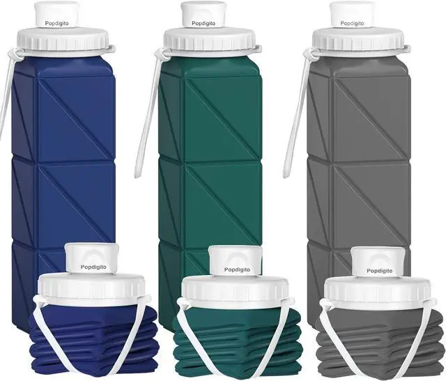 Alt view image 2 of 7 - 3 pack Collapsible Water Bottles,Silicone Foldable Portable Water Bottle 20.6oz, Lightweight Reusable Leakproof for Travel Hiking Camping Cycling Workouts Yoga Fitness Indoor Outdoor Sports