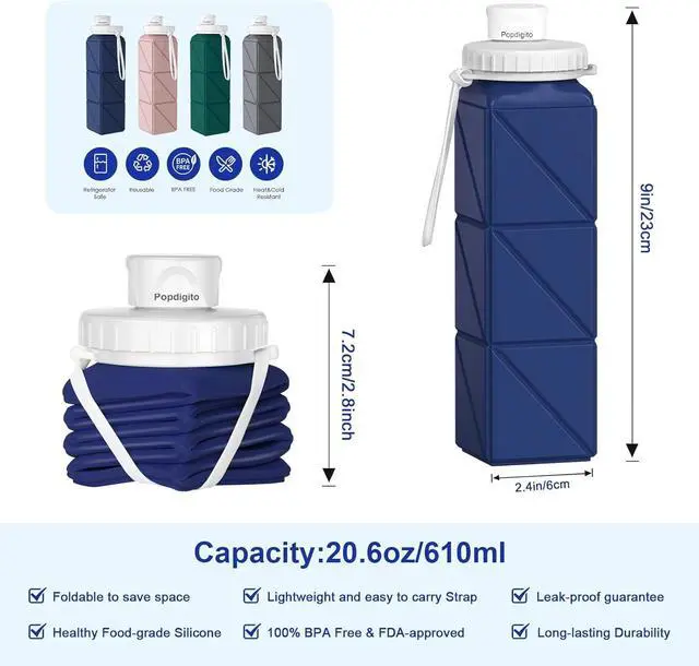 Alt view image 4 of 7 - 3 pack Collapsible Water Bottles,Silicone Foldable Portable Water Bottle 20.6oz, Lightweight Reusable Leakproof for Travel Hiking Camping Cycling Workouts Yoga Fitness Indoor Outdoor Sports