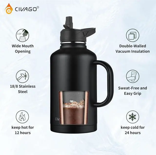 Alt view image 3 of 6 - CIVAGO 64 oz Insulated Water Bottle Jug with Straw and Handle, Half Gallon Stainless Steel Water Flask, Large Sports Metal Water Bottle with Straw Lid (3 Lids), Big Thermal Mug Cup, Navy Blue