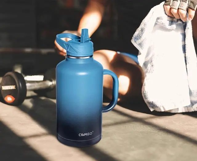 Alt view image 5 of 6 - CIVAGO 64 oz Insulated Water Bottle Jug with Straw and Handle, Half Gallon Stainless Steel Water Flask, Large Sports Metal Water Bottle with Straw Lid (3 Lids), Big Thermal Mug Cup, Navy Blue