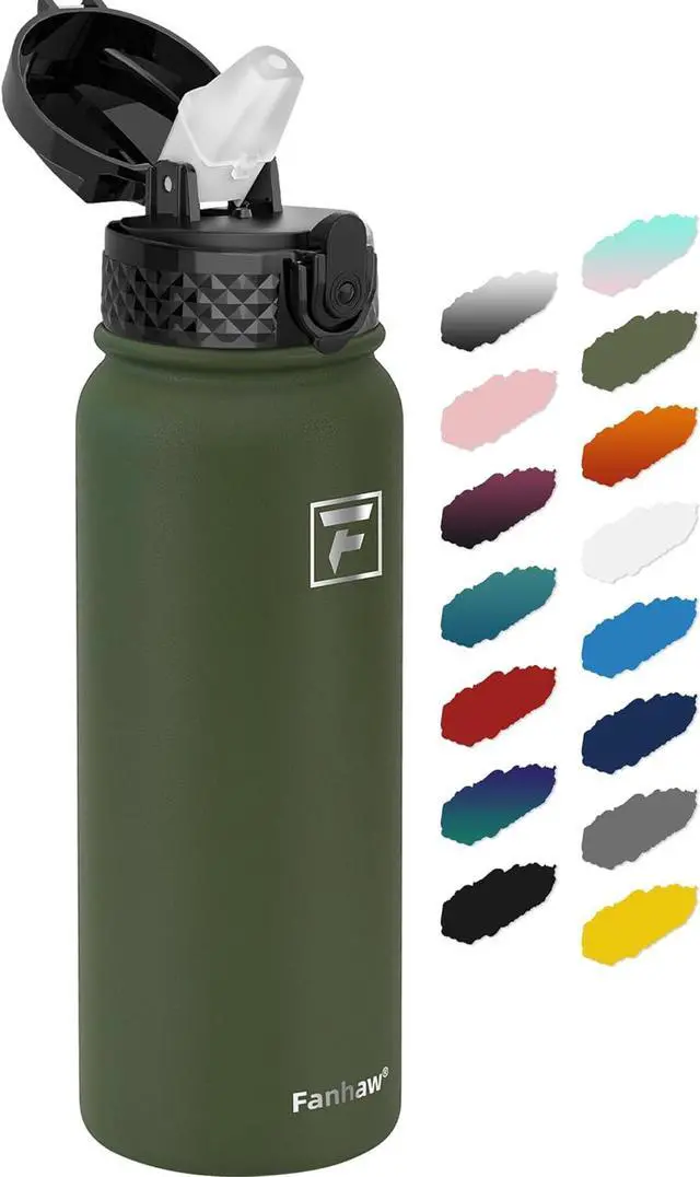 Main image of Fanhaw 20 Oz Stainless Steel Insulated Sports Water Bottles with Straw for Kids, Men and Women (Olive Green)