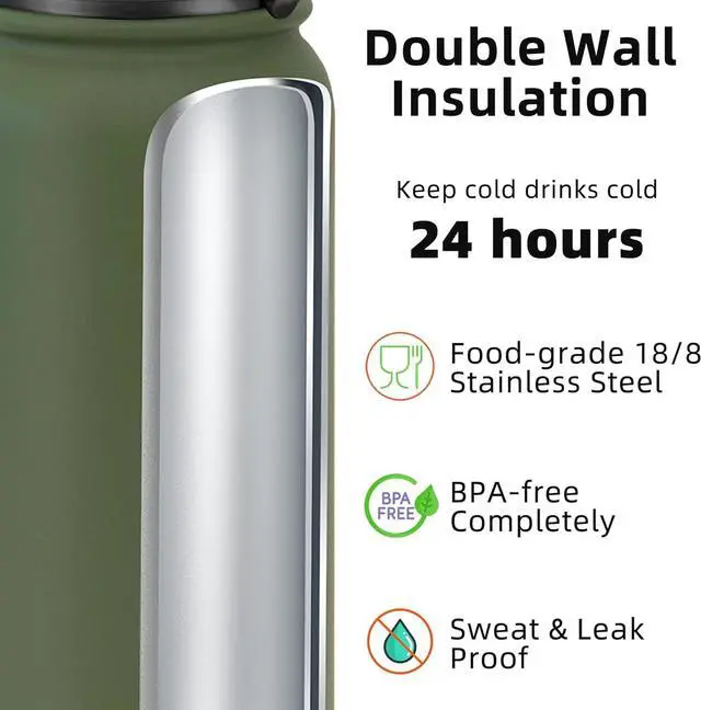Alt view image 3 of 7 - Fanhaw 20 Oz Stainless Steel Insulated Sports Water Bottles with Straw for Kids, Men and Women (Olive Green)