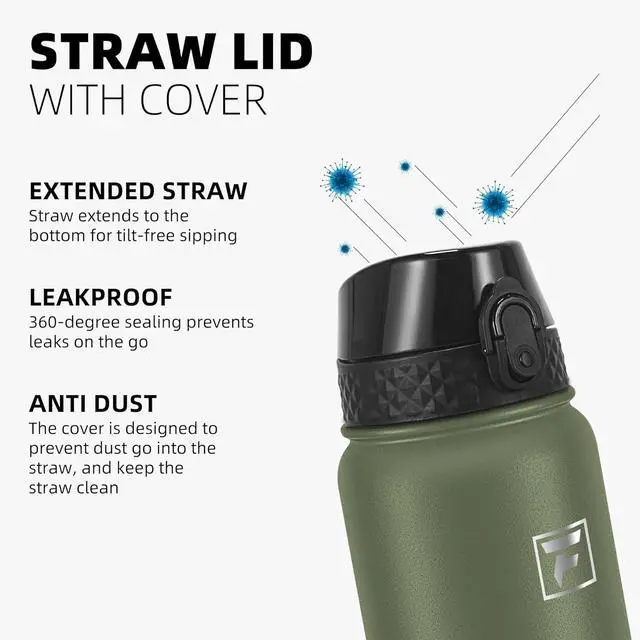 Alt view image 4 of 7 - Fanhaw 20 Oz Stainless Steel Insulated Sports Water Bottles with Straw for Kids, Men and Women (Olive Green)