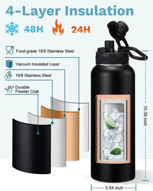 Alt view image 5 of 7 - Insulated Water Bottle 40 oz - Keep Cold 48H & Hot-24H, Metal Water Bottle with Straw & Auto Spout Lid,Paracord Handle,Bottles Carrier Bag, Leak Proof Thermal Flask for Hiking Cycling Sport