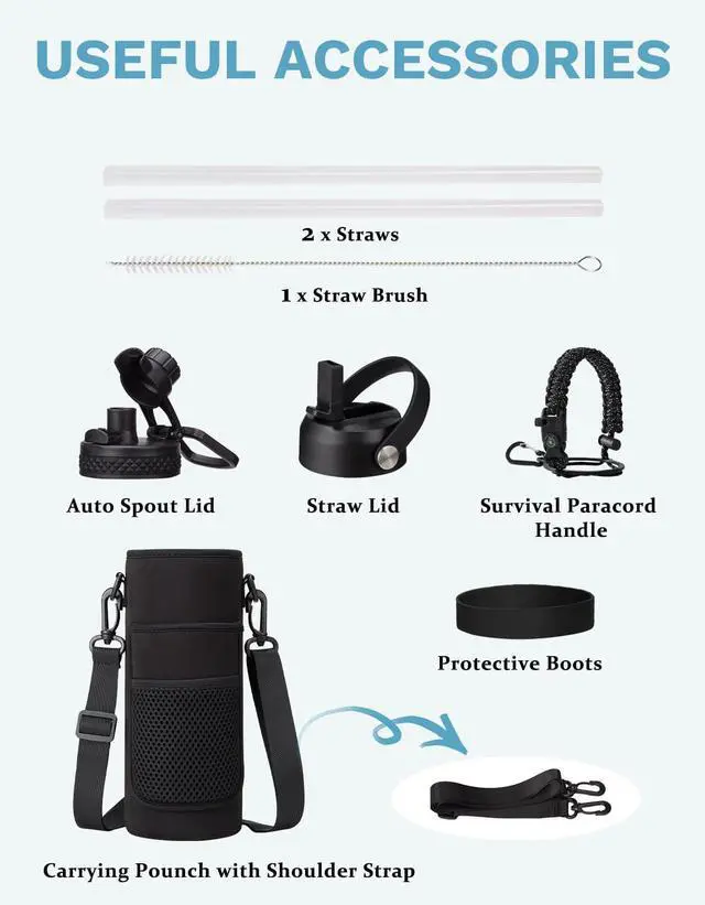 Alt view image 7 of 7 - Insulated Water Bottle 40 oz - Keep Cold 48H & Hot-24H, Metal Water Bottle with Straw & Auto Spout Lid,Paracord Handle,Bottles Carrier Bag, Leak Proof Thermal Flask for Hiking Cycling Sport