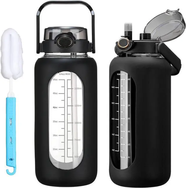 Main image of 64oz Glass Water Bolttles with Straw Half Gallon Large Motivational Water Bottle with Time Marker Sports Water Bottles with Silicone Sleeve and Handle Lid Water Jug for Gym Workout