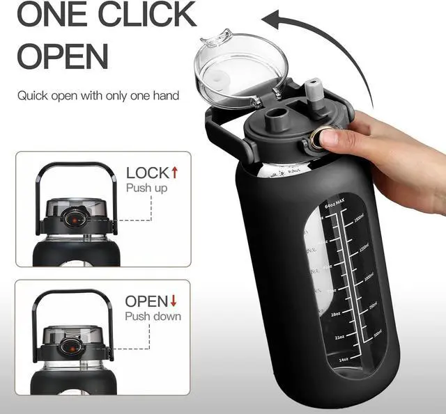 Alt view image 3 of 7 - 64oz Glass Water Bolttles with Straw Half Gallon Large Motivational Water Bottle with Time Marker Sports Water Bottles with Silicone Sleeve and Handle Lid Water Jug for Gym Workout