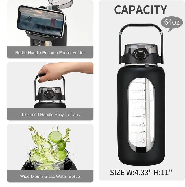 Alt view image 4 of 7 - 64oz Glass Water Bolttles with Straw Half Gallon Large Motivational Water Bottle with Time Marker Sports Water Bottles with Silicone Sleeve and Handle Lid Water Jug for Gym Workout