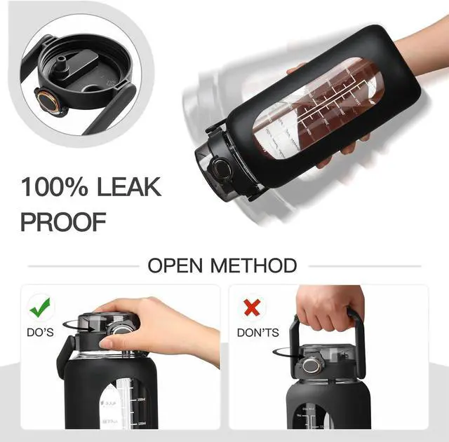Alt view image 5 of 7 - 64oz Glass Water Bolttles with Straw Half Gallon Large Motivational Water Bottle with Time Marker Sports Water Bottles with Silicone Sleeve and Handle Lid Water Jug for Gym Workout