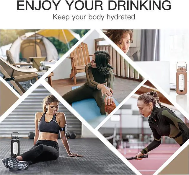 Alt view image 6 of 7 - 64oz Glass Water Bolttles with Straw Half Gallon Large Motivational Water Bottle with Time Marker Sports Water Bottles with Silicone Sleeve and Handle Lid Water Jug for Gym Workout