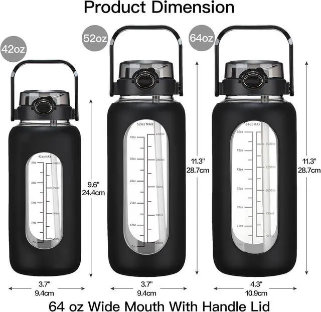Alt view image 7 of 7 - 64oz Glass Water Bolttles with Straw Half Gallon Large Motivational Water Bottle with Time Marker Sports Water Bottles with Silicone Sleeve and Handle Lid Water Jug for Gym Workout