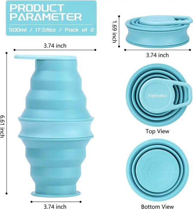 Alt view image 3 of 6 - Nefeeko Collapsible Water Bottle,17oz(500ml) Reuseable BPA Free Silicone Foldable Water Bottles for Travel Gym Camping Hiking, Portable Leak Proof Sports Water Bottle with Carabiner
