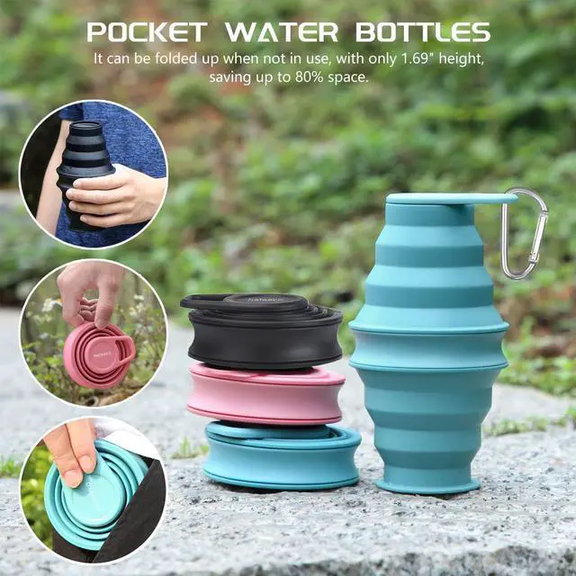 Alt view image 6 of 6 - Nefeeko Collapsible Water Bottle,17oz(500ml) Reuseable BPA Free Silicone Foldable Water Bottles for Travel Gym Camping Hiking, Portable Leak Proof Sports Water Bottle with Carabiner
