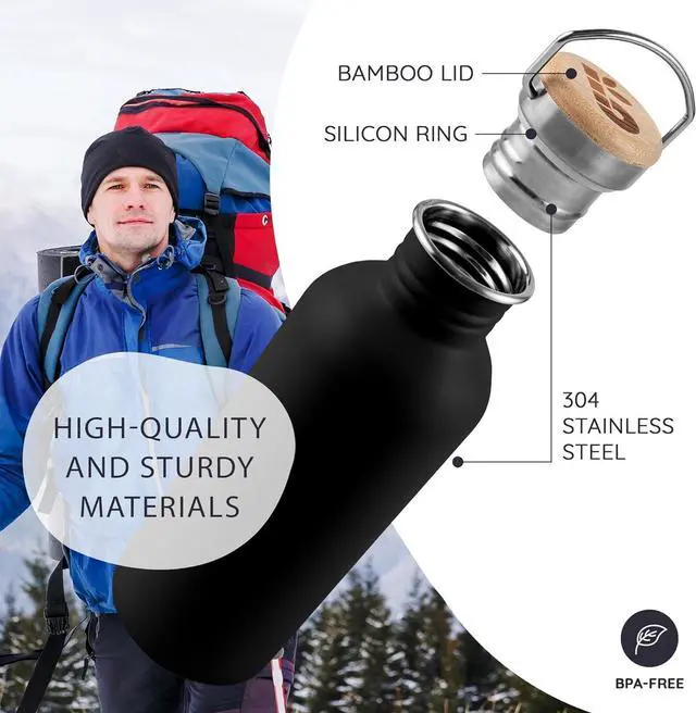 Alt view image 2 of 7 - Bambaw Stainless Steel Water Bottle, Black Sports Bottle, Non-Insulated Water Bottle, 1L Stainless Steel, Reusable Bottle, Metal Bottle, BPA-Free  Onyx Black