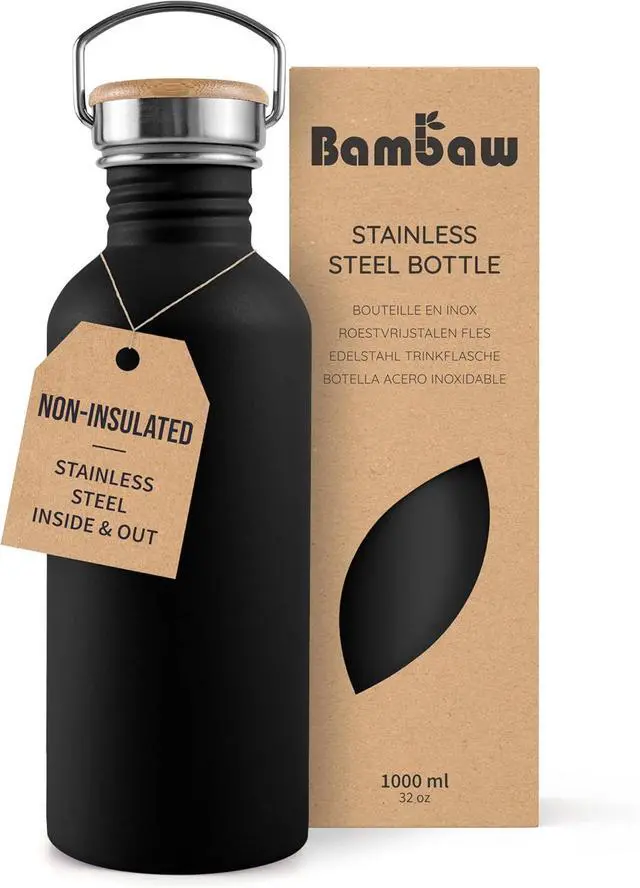 Main image of Bambaw Stainless Steel Water Bottle, Black Sports Bottle, Non-Insulated Water Bottle, 1L Stainless Steel, Reusable Bottle, Metal Bottle, BPA-Free  Onyx Black