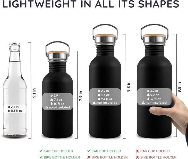 Alt view image 5 of 7 - Bambaw Stainless Steel Water Bottle, Black Sports Bottle, Non-Insulated Water Bottle, 1L Stainless Steel, Reusable Bottle, Metal Bottle, BPA-Free  Onyx Black