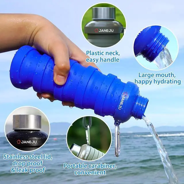 Alt view image 3 of 7 - JaneJu Collapsible Water Bottle, 17oz BPA Free Silicone Reusable Portable Lightweight Foldable Water Bottles with Carabiner, Portable Leak Proof Sports Water Bottle (Black)