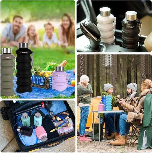 Alt view image 6 of 7 - JaneJu Collapsible Water Bottle, 17oz BPA Free Silicone Reusable Portable Lightweight Foldable Water Bottles with Carabiner, Portable Leak Proof Sports Water Bottle (Black)