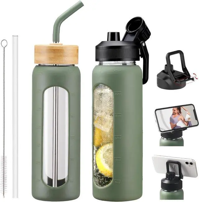 Main image of Glass Water Bottles with Straw -24oz- Water Bottle Phone Holder for Gym Sports Water Bottles with Silicone Sleeve Glass Drinking Bottles 2 Lids - Spout & Bamboo Straw Lid(Olive)