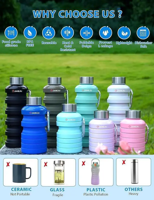 Alt view image 7 of 7 - JaneJu Collapsible Water Bottle, 17oz BPA Free Silicone Reusable Portable Lightweight Foldable Water Bottles with Carabiner, Portable Leak Proof Sports Water Bottle (Black)