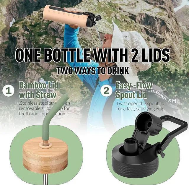 Alt view image 2 of 7 - Glass Water Bottles with Straw -24oz- Water Bottle Phone Holder for Gym Sports Water Bottles with Silicone Sleeve Glass Drinking Bottles 2 Lids - Spout & Bamboo Straw Lid(Olive)
