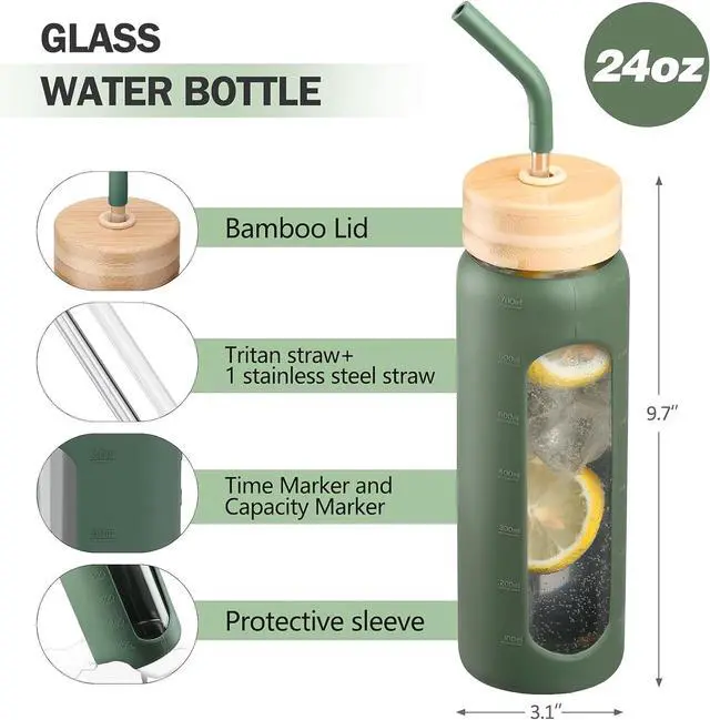 Alt view image 4 of 7 - Glass Water Bottles with Straw -24oz- Water Bottle Phone Holder for Gym Sports Water Bottles with Silicone Sleeve Glass Drinking Bottles 2 Lids - Spout & Bamboo Straw Lid(Olive)
