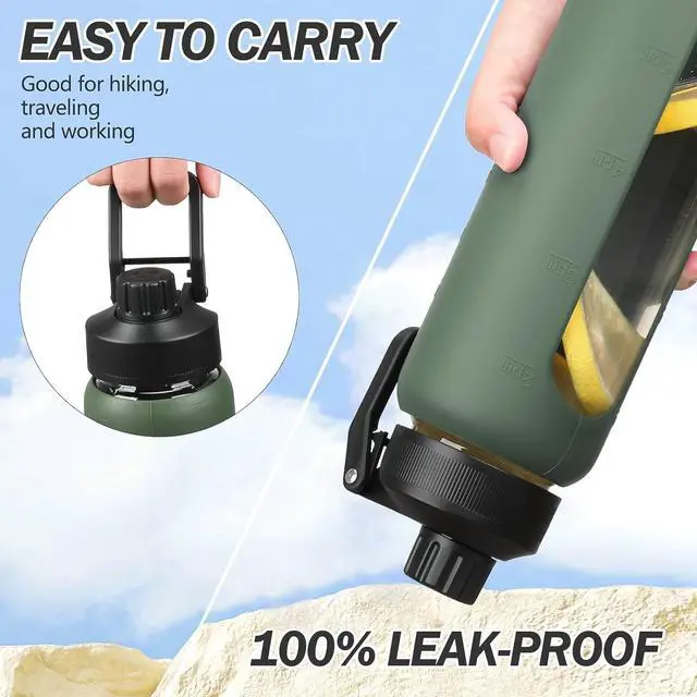 Alt view image 5 of 7 - Glass Water Bottles with Straw -24oz- Water Bottle Phone Holder for Gym Sports Water Bottles with Silicone Sleeve Glass Drinking Bottles 2 Lids - Spout & Bamboo Straw Lid(Olive)