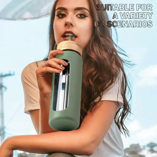 Alt view image 6 of 7 - Glass Water Bottles with Straw -24oz- Water Bottle Phone Holder for Gym Sports Water Bottles with Silicone Sleeve Glass Drinking Bottles 2 Lids - Spout & Bamboo Straw Lid(Olive)