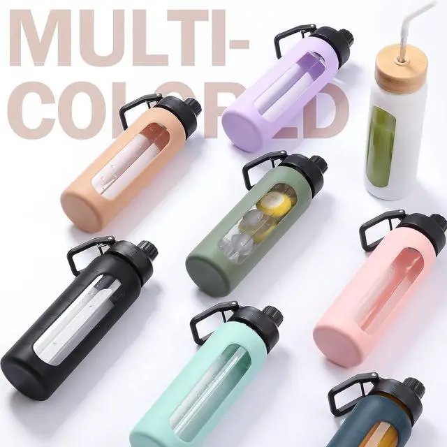 Alt view image 7 of 7 - Glass Water Bottles with Straw -24oz- Water Bottle Phone Holder for Gym Sports Water Bottles with Silicone Sleeve Glass Drinking Bottles 2 Lids - Spout & Bamboo Straw Lid(Olive)