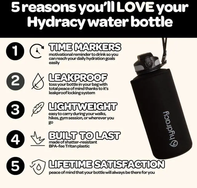 Alt view image 2 of 7 - Hydracy Water Bottle with Time Marker -Large BPA Free Water Bottle & No Sweat Sleeve -Leak Proof Gym Bottle with Fruit Infuser Strainer & Times to Drink -Ideal for Fitness Sports & Outdoors