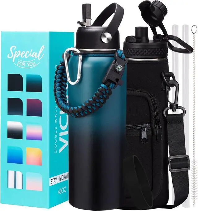Main image of 40OZ Vacuum Insulated Water Bottle - Keep Cold 48H Hot 24H, Combo Straw & Spout Lids, Survival Paracord Handle, Bottle Carrier Bag w/ Strap, Protective Cup Mat, Stainless Steel Waterbottle Flask Jug