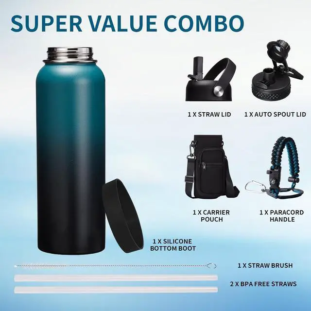 Alt view image 2 of 7 - 40OZ Vacuum Insulated Water Bottle - Keep Cold 48H Hot 24H, Combo Straw & Spout Lids, Survival Paracord Handle, Bottle Carrier Bag w/ Strap, Protective Cup Mat, Stainless Steel Waterbottle Flask Jug