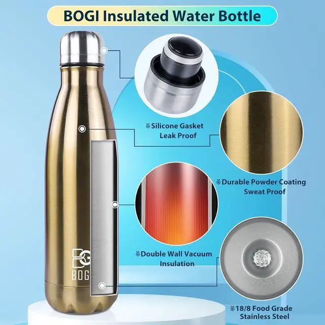 Alt view image 3 of 7 - BOGI 2 Pack 17oz Insulated Water Bottle Double Wall Vacuum Stainless Steel Water Bottles, Leak Proof Metal Sports Water Bottle Keeps Drink Hot & Cold - Perfect for Outdoor Sports Camping (Cham+Dblue)
