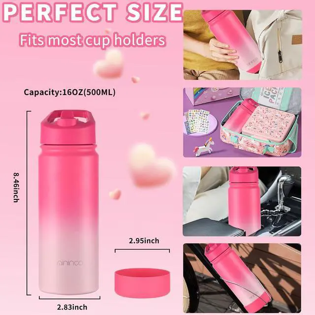 Alt view image 6 of 7 - Kids Water Bottle for School 16oz Stainless Steel Insulated Water Bottle Kids with Straw Lid for Girls Boys (Sweat Peach)