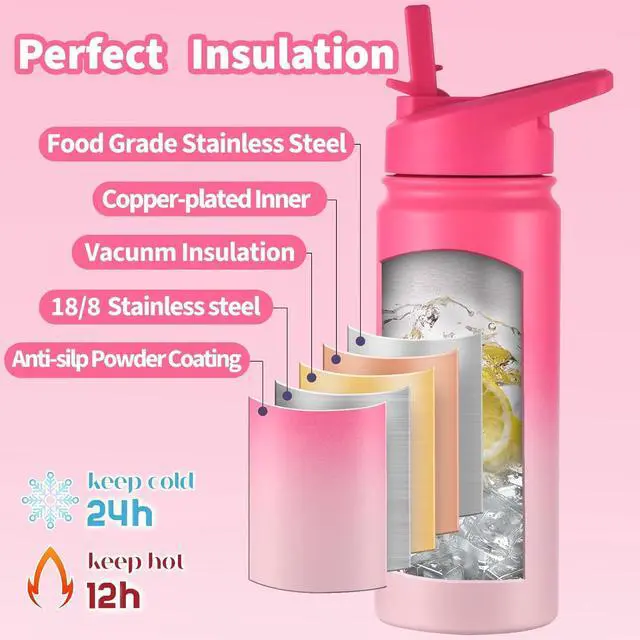 Alt view image 7 of 7 - Kids Water Bottle for School 16oz Stainless Steel Insulated Water Bottle Kids with Straw Lid for Girls Boys (Sweat Peach)