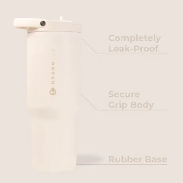 Alt view image 2 of 6 - HydroJug Sport - Stainless Steel Tumbler with Straw, Vacuum Insulated, 32oz Leakproof Water Bottle, Ergonomic Design, Reusable, Dishwasher Safe, Rubber Base, Durable for Gym or Outdoors, Cream