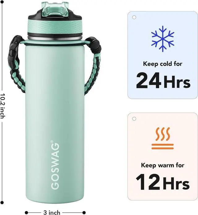 Alt view image 2 of 6 - GOSWAG Insulated Sports Water Bottle, 24oz 2 Lids(with Straw/No Straw), Stainless Steel Water Bottles with Paracord Handle, Insulated Thermos with Double-Wall Vacuum Insulation