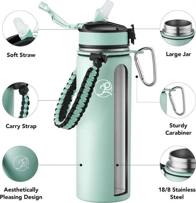 Alt view image 3 of 6 - GOSWAG Insulated Sports Water Bottle, 24oz 2 Lids(with Straw/No Straw), Stainless Steel Water Bottles with Paracord Handle, Insulated Thermos with Double-Wall Vacuum Insulation