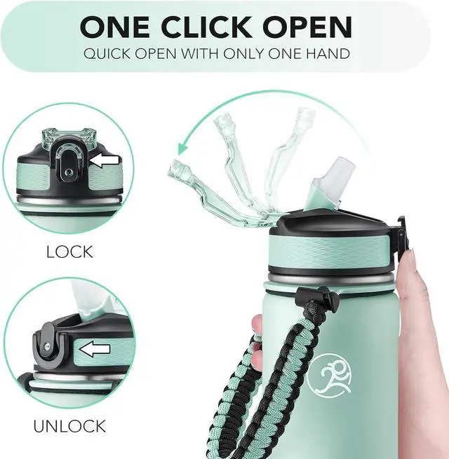 Alt view image 5 of 6 - GOSWAG Insulated Sports Water Bottle, 24oz 2 Lids(with Straw/No Straw), Stainless Steel Water Bottles with Paracord Handle, Insulated Thermos with Double-Wall Vacuum Insulation