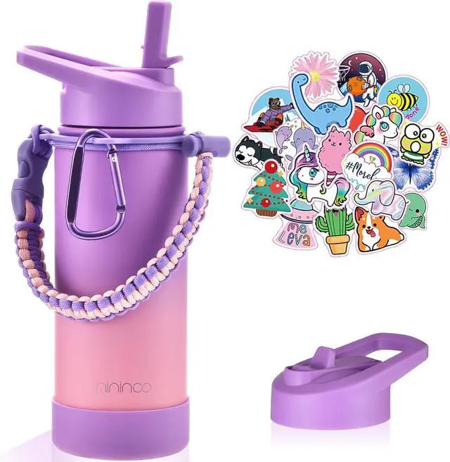 Main image of Mininoo Kids Water Bottle for School, 16oz Insulated Stainless Steel Water Bottle Kids with Straw Lid for GirlsPurple/Pink
