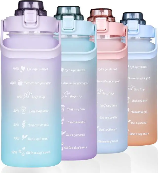 Main image of RYI Large Half Gallon 64 OZ Motivational Water Bottle with Straw Time Marker BPA Free for Sport and Fitness Purple Green