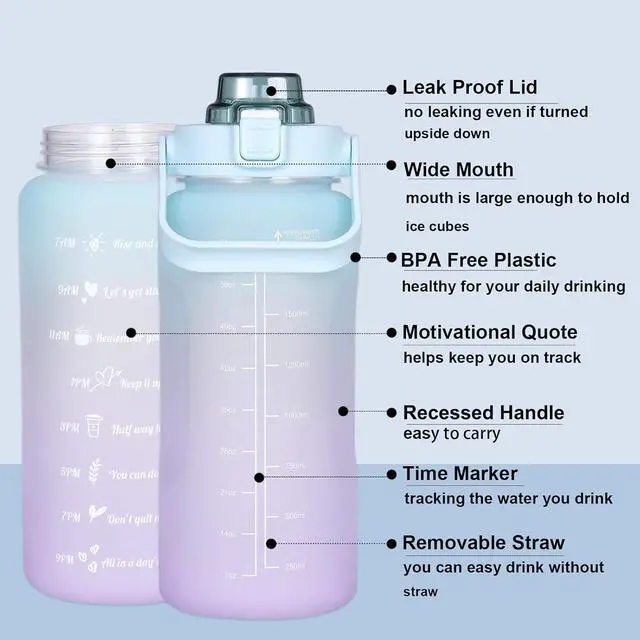 Alt view image 2 of 7 - RYI Large Half Gallon 64 OZ Motivational Water Bottle with Straw Time Marker BPA Free for Sport and Fitness Purple Green