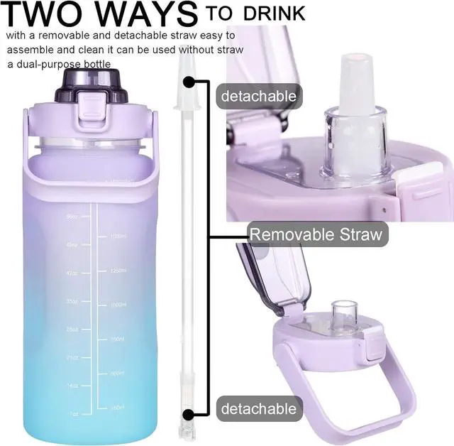 Alt view image 3 of 7 - RYI Large Half Gallon 64 OZ Motivational Water Bottle with Straw Time Marker BPA Free for Sport and Fitness Purple Green