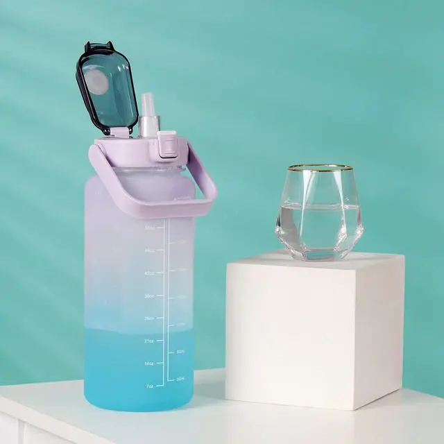 Alt view image 7 of 7 - RYI Large Half Gallon 64 OZ Motivational Water Bottle with Straw Time Marker BPA Free for Sport and Fitness Purple Green