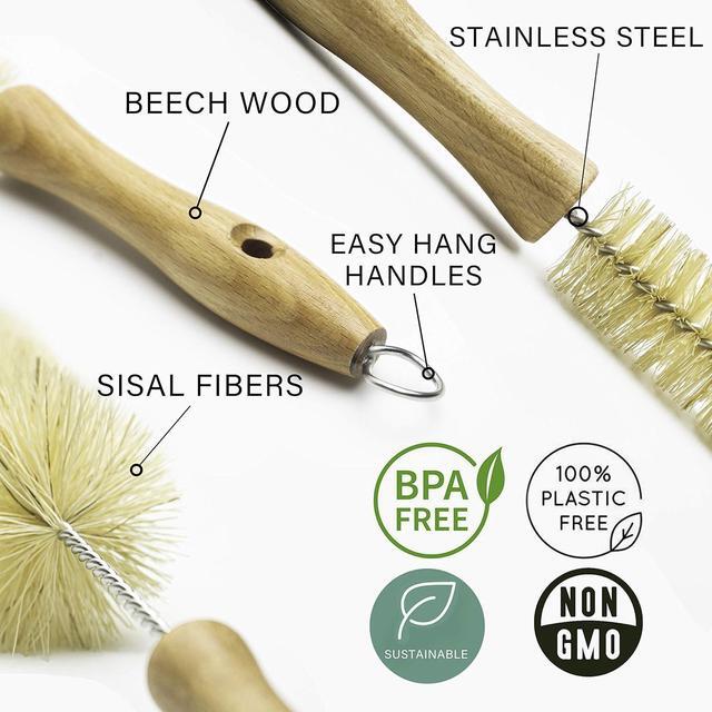 Alt view image 5 of 7 - All Natural Bottle Brush and Straw Set (NO Plastic) Sisal Bristles and Wood Handle Bottle Cleaners for Washing Narrow Beer Bottles, Sports/Water Bottles, Tumbler, Kettles, Lid Brush, Long Straw Brush