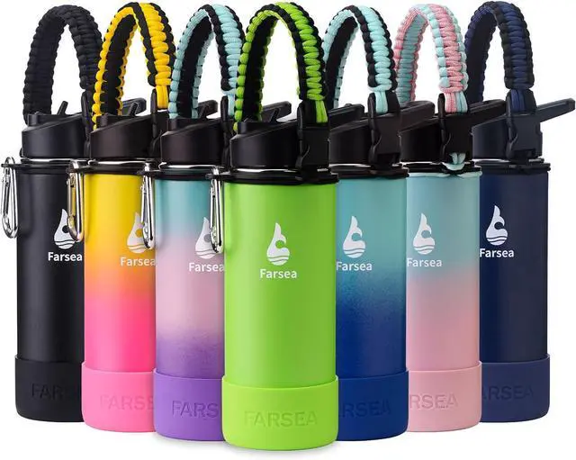 Main image of Farsea Insulated Water Bottle With Paracord Handle, Protective Boot and 2 Lids (Straw Lid & Spout Lid), Stainless Steel Water Bottle Wide Mouth, Double Wall Sweat-Proof BPA-Free, 18 oz