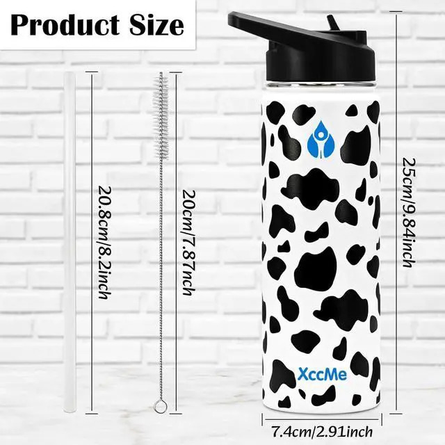 Alt view image 2 of 7 - 22 oz Water Bottles,Insulated Water Bottle,Stainless Steel Water Bottles,Double Wall Metal Water Bottle with Straw,2 Lids,Silicone Boot,Sports Water Bottle(Cow)