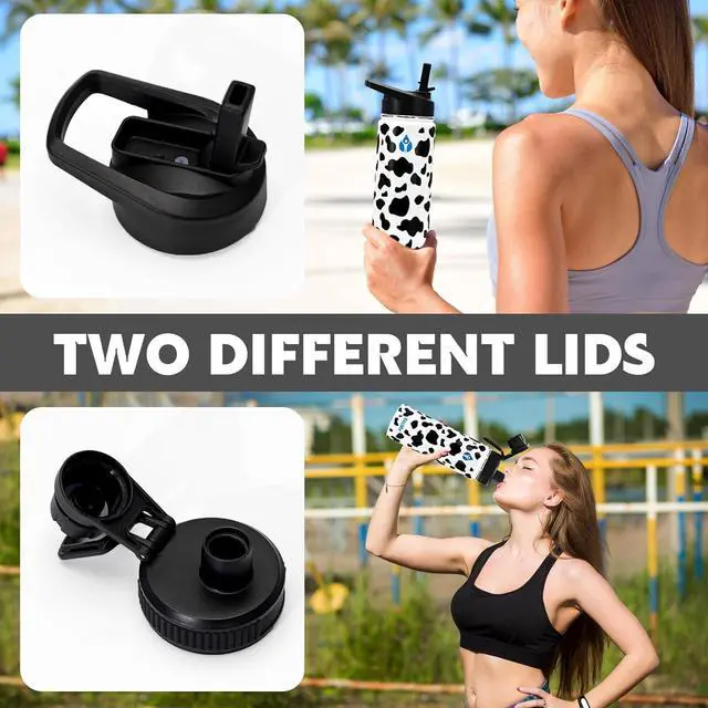 Alt view image 3 of 7 - 22 oz Water Bottles,Insulated Water Bottle,Stainless Steel Water Bottles,Double Wall Metal Water Bottle with Straw,2 Lids,Silicone Boot,Sports Water Bottle(Cow)