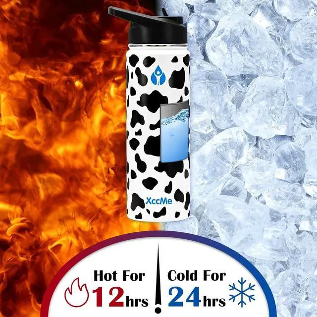 Alt view image 4 of 7 - 22 oz Water Bottles,Insulated Water Bottle,Stainless Steel Water Bottles,Double Wall Metal Water Bottle with Straw,2 Lids,Silicone Boot,Sports Water Bottle(Cow)
