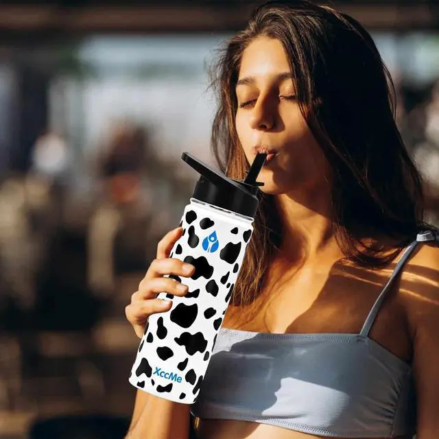 Alt view image 5 of 7 - 22 oz Water Bottles,Insulated Water Bottle,Stainless Steel Water Bottles,Double Wall Metal Water Bottle with Straw,2 Lids,Silicone Boot,Sports Water Bottle(Cow)